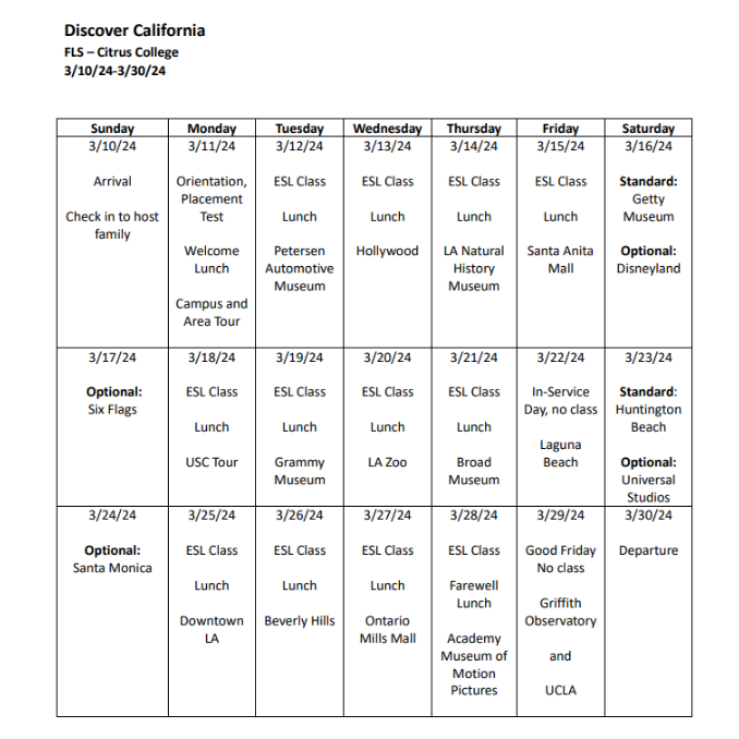 高校生 春休み語学留学 アメリカ　ロサンゼルス　FLSシトラスカレッジ　スケジュール